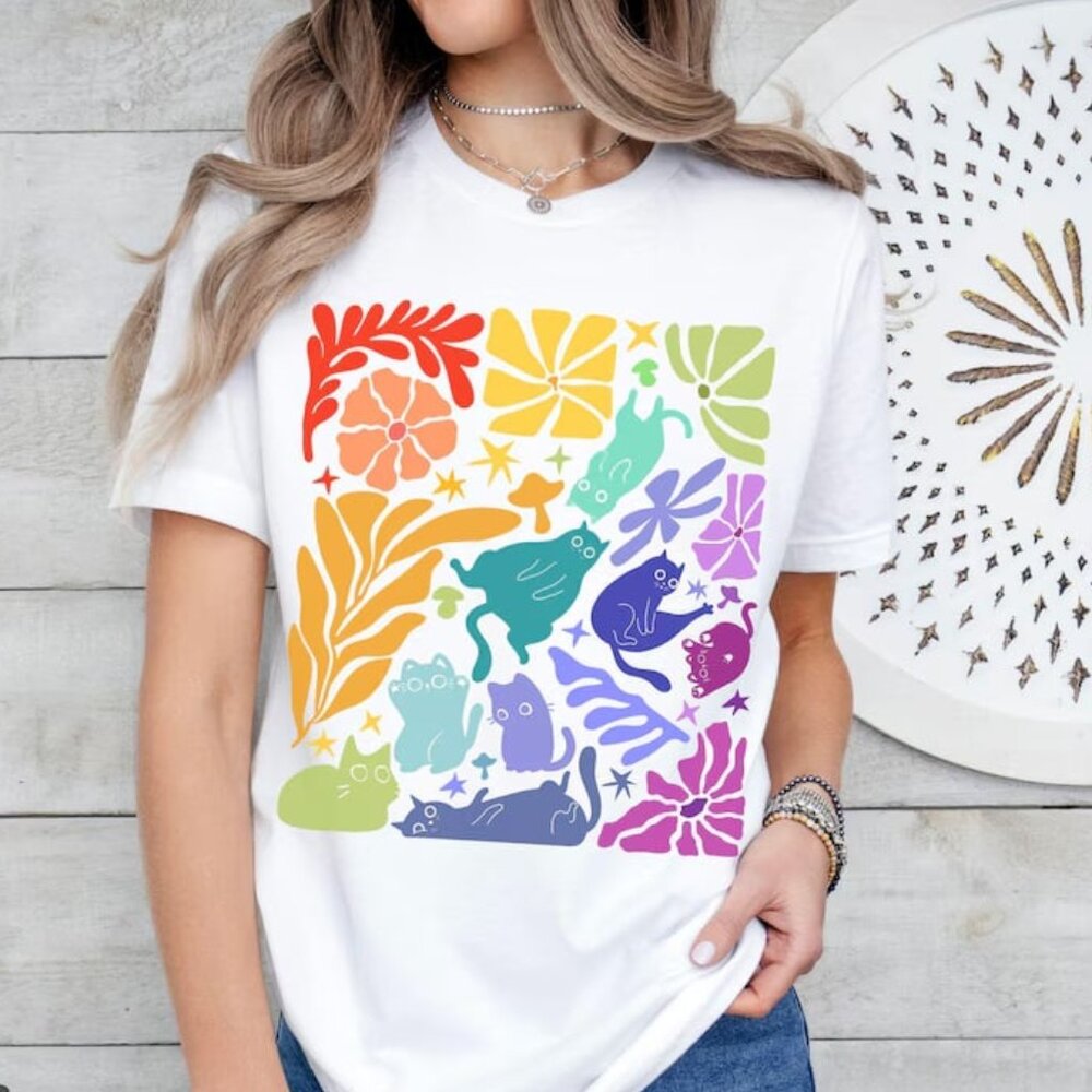 Graphic Rainbow Cats Tshirt, Cat Lover Gift Shirt